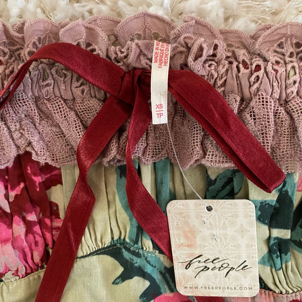 Free People Boho Floral Strapless Top with Ruffle Lace Trim - Picture 3 of 4